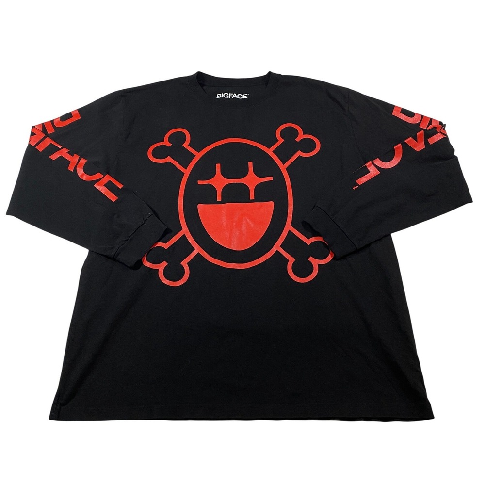 Bigface Mens XXL Long Sleeve Graphic T-Shirt Black Red Skull Crossbones Smiley‎
